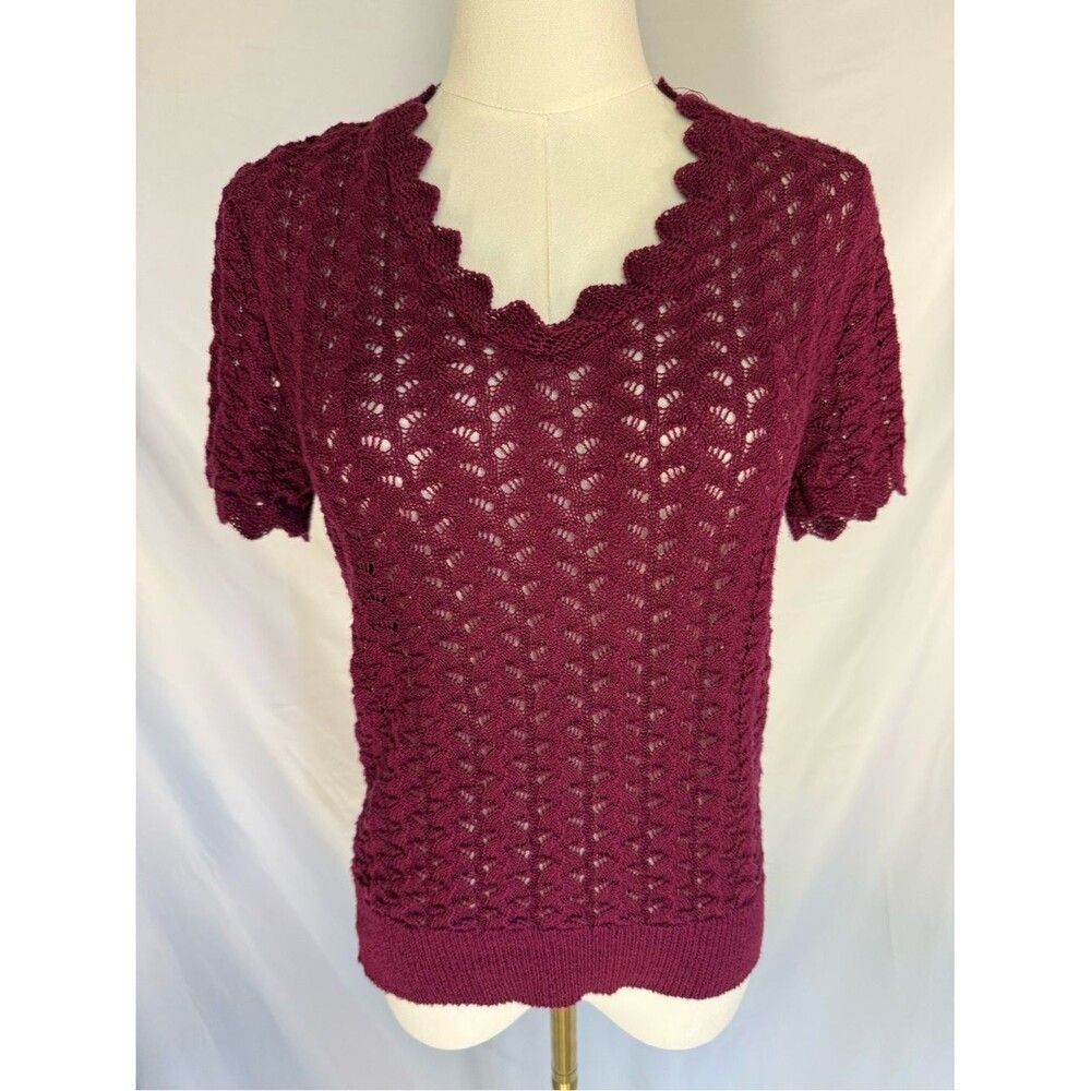 Vintage Keneth Too! Maroon Crochet Lace Knit Scalloped Blouse Sweater Top